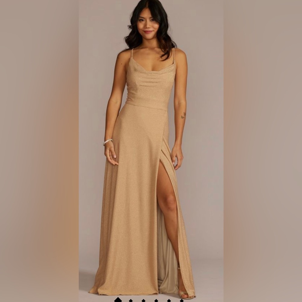 Bridesmaid Metallic Cowl Neck Dress with lace-up back